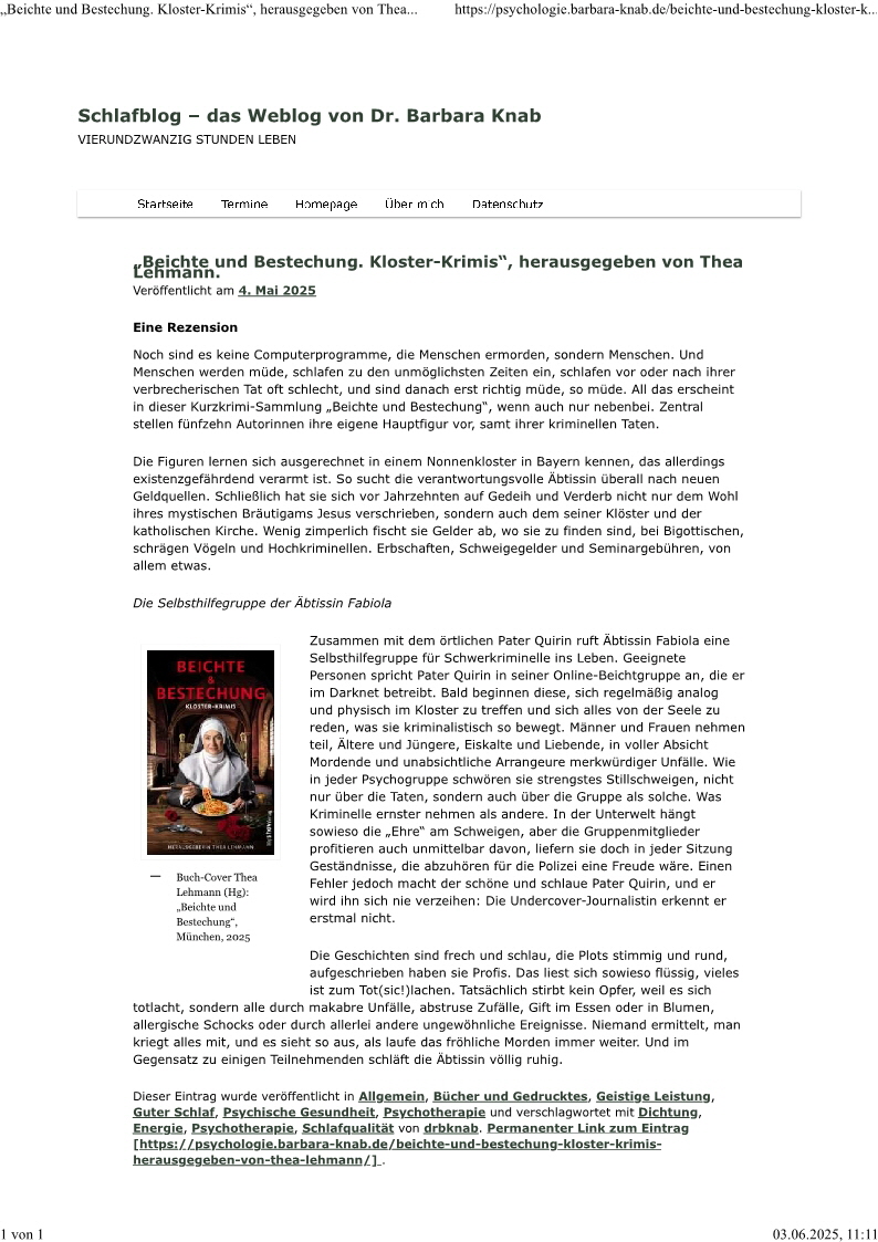 Schlafblog - Weblog von Dr. Barbara Knab - "Beichte und Bestechung", herausgegeben von Thea Lehmann